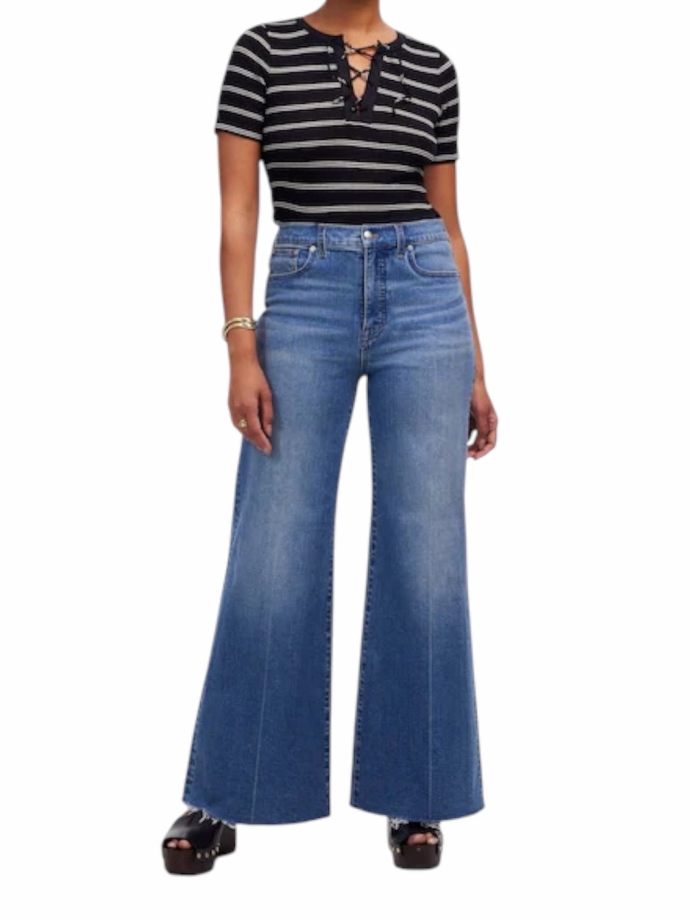 Madewell The Curvy Flared Wide Leg High Rise Raw Hem Denim Blue Jeans Size 27